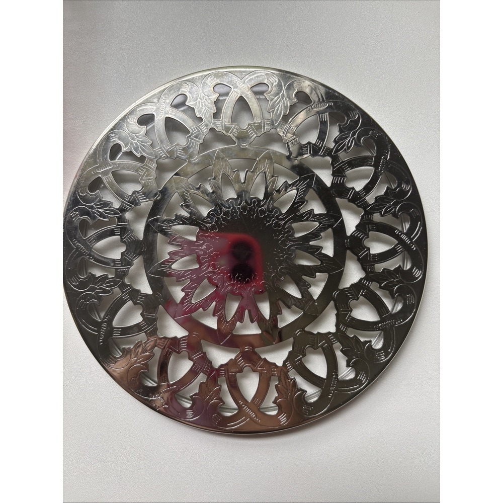 Vintage Leonard Round Reticulated Silver Plate Glass Backed Trivet 6 "